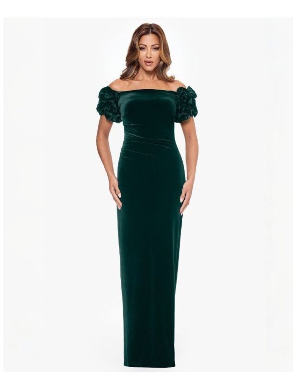 XSCAPE Emerald Green Off-The-Shoulder Ruffled Velvet Gown Women Size 8P